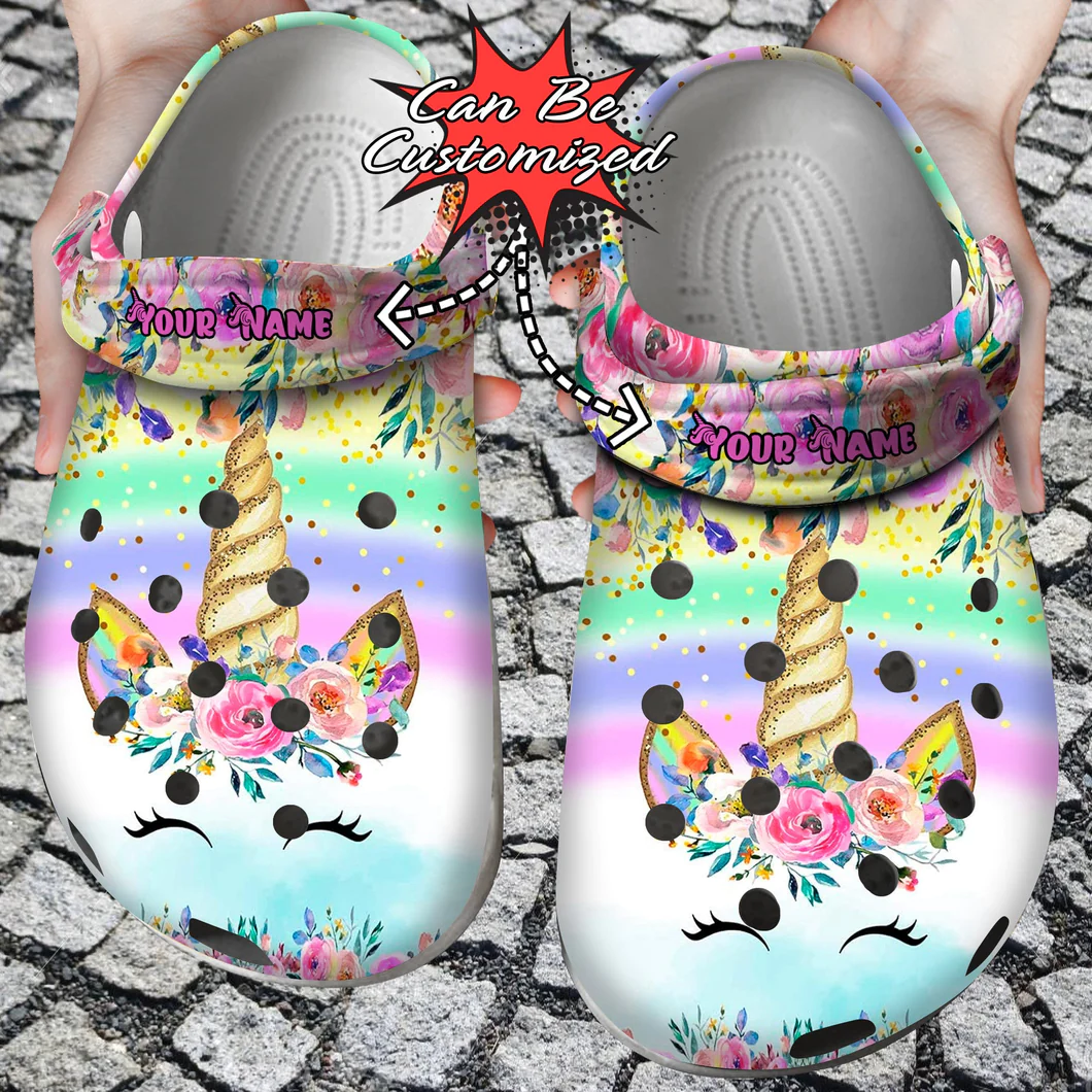 personalized colorful rainbow color classic clogs unicorn with flowers clogs j1pek