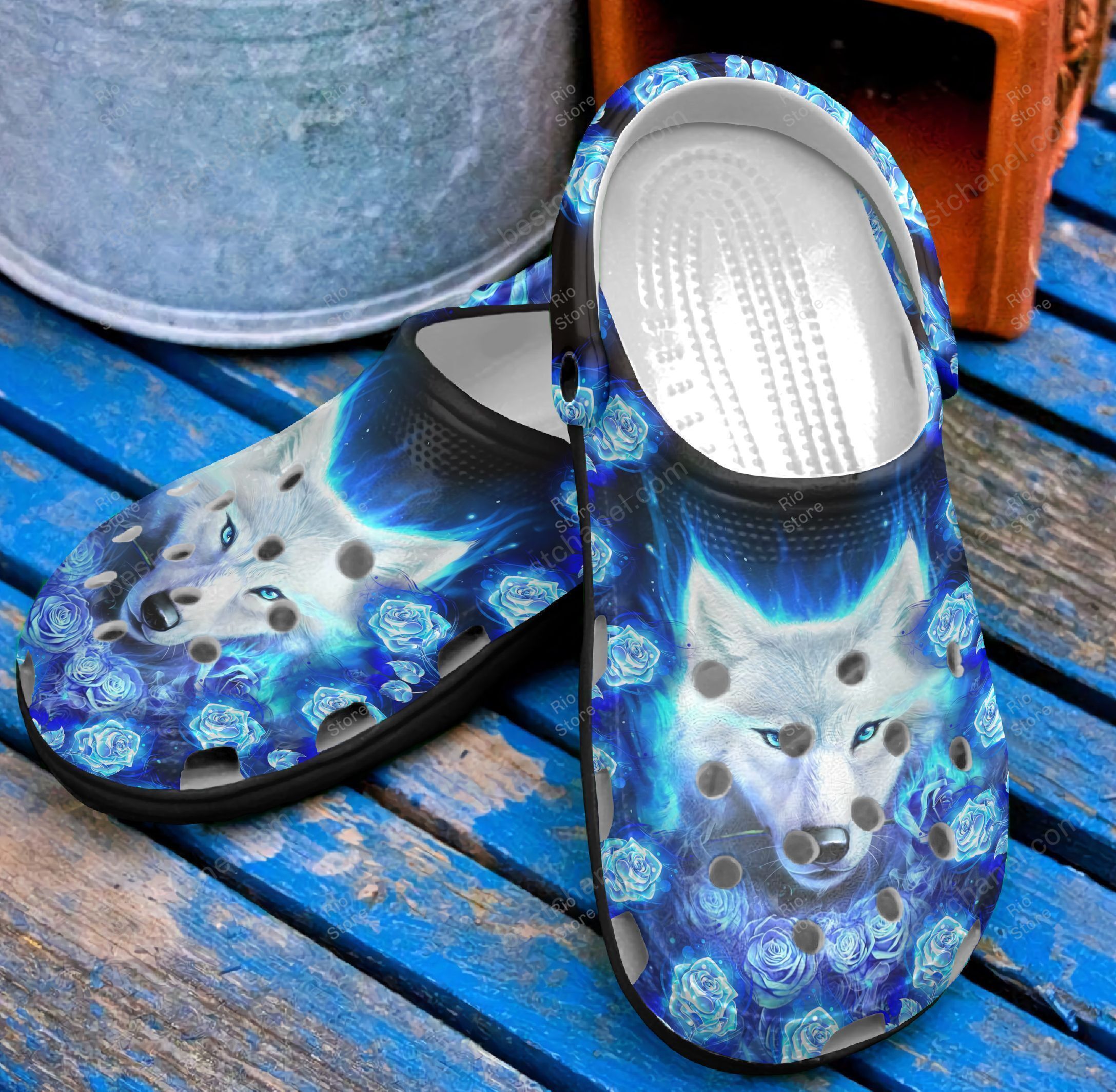 blue wolf %26 rose flower unisex classic clogs easy to clean ykfgq