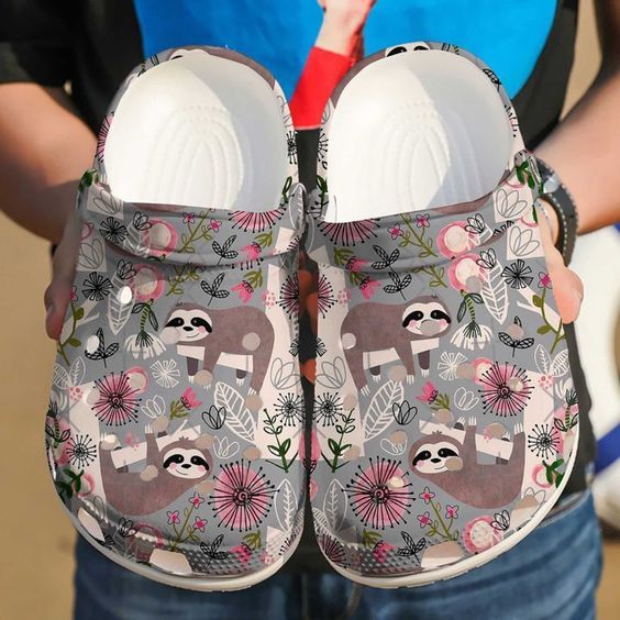 cartoon design of hanging sloth with beautiful flowers grey color unisex clogs 9whld