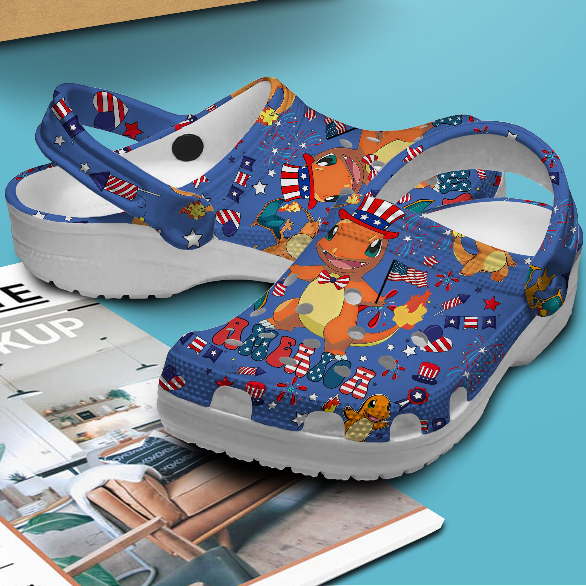 cute charizard with usa flag classic unisex blue clogs hg2e5