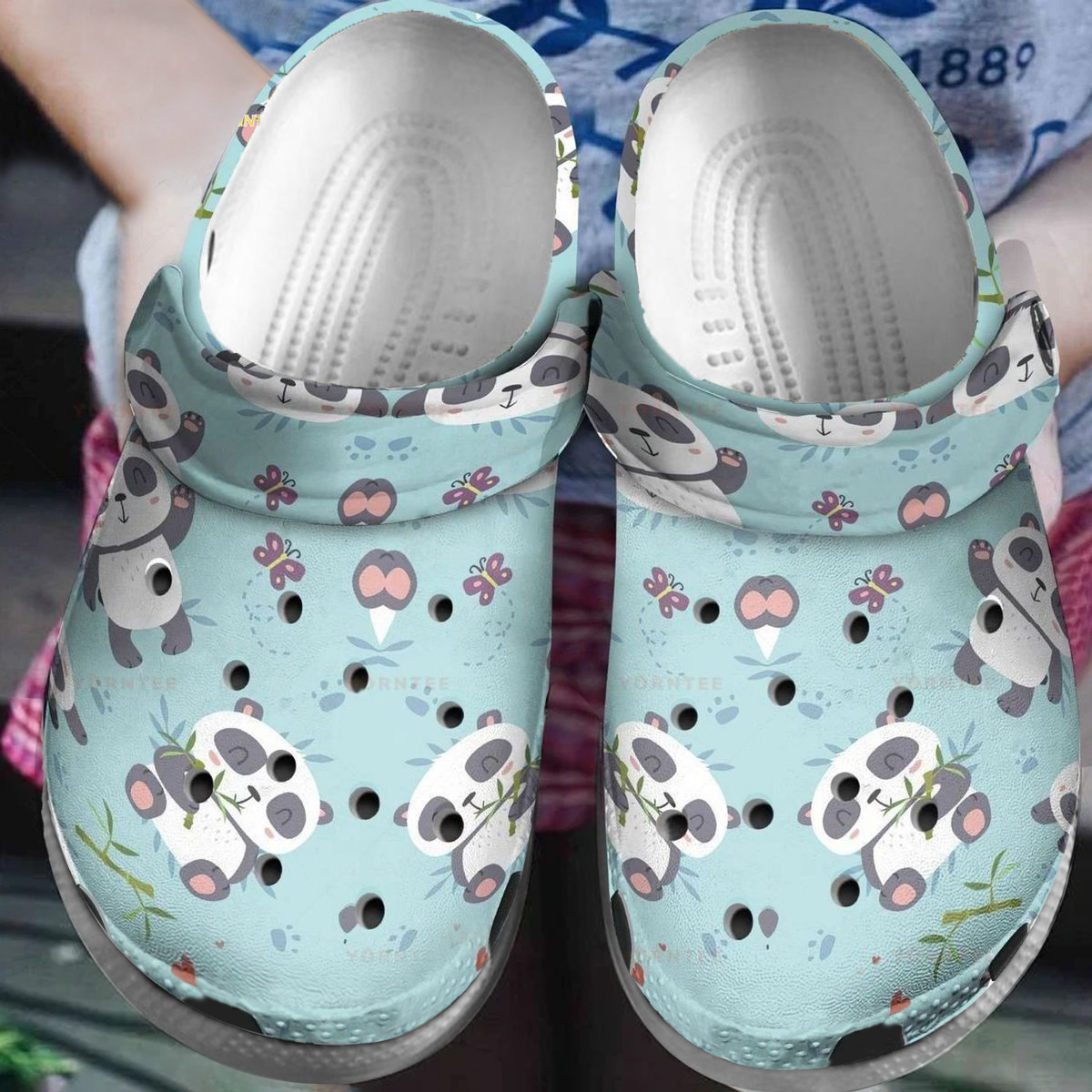 cute panda eating bamboo classic adult turquoise clogs ereli