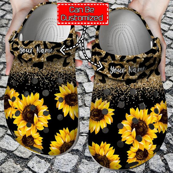 personalized sunflowers glitter leopard safety clogs to wear nshps