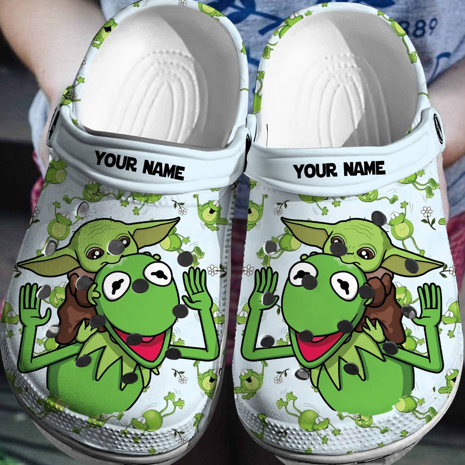personalized the muppets kermit frog %26 yoda white unisex clogs cmb7e