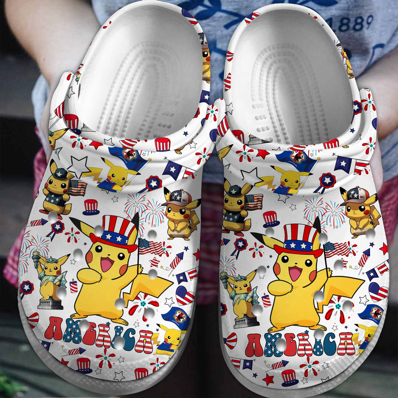 limited edition funny pokemon pikachu the fourth of july white clogs size 8 cute and safe for outdoor activity cxipx