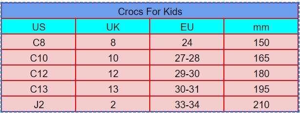 Size chart for kids Trendycroc.com