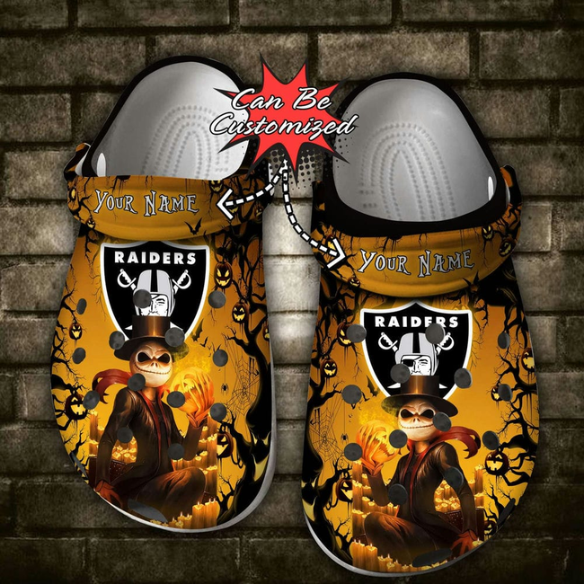 personalized raiders nfl jack skellington classic clogs shoes perfect footwear for fans! aseal