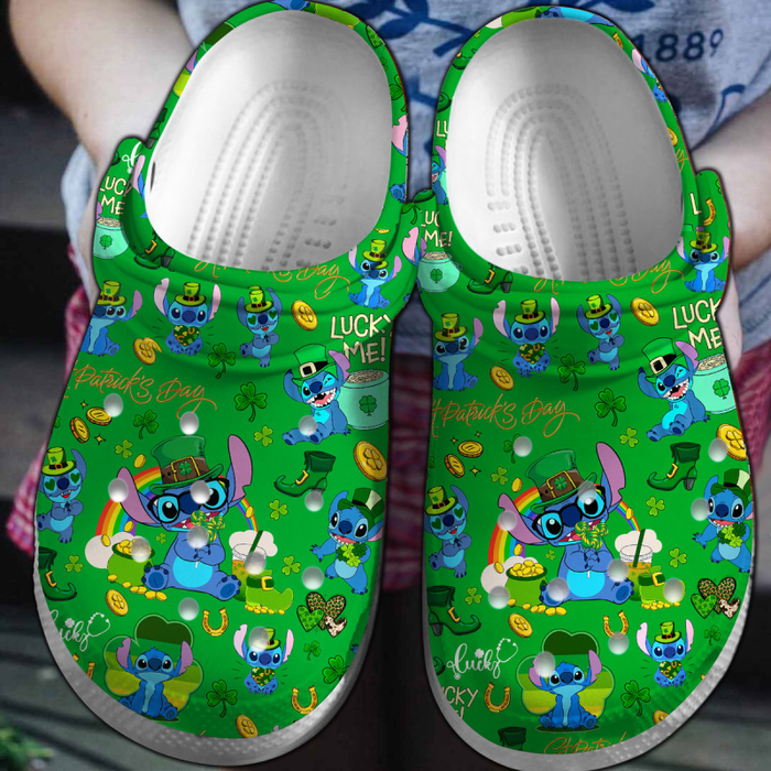 limited edition of soft and lightweight happy patricks day disney stitch green clogs t8pqj