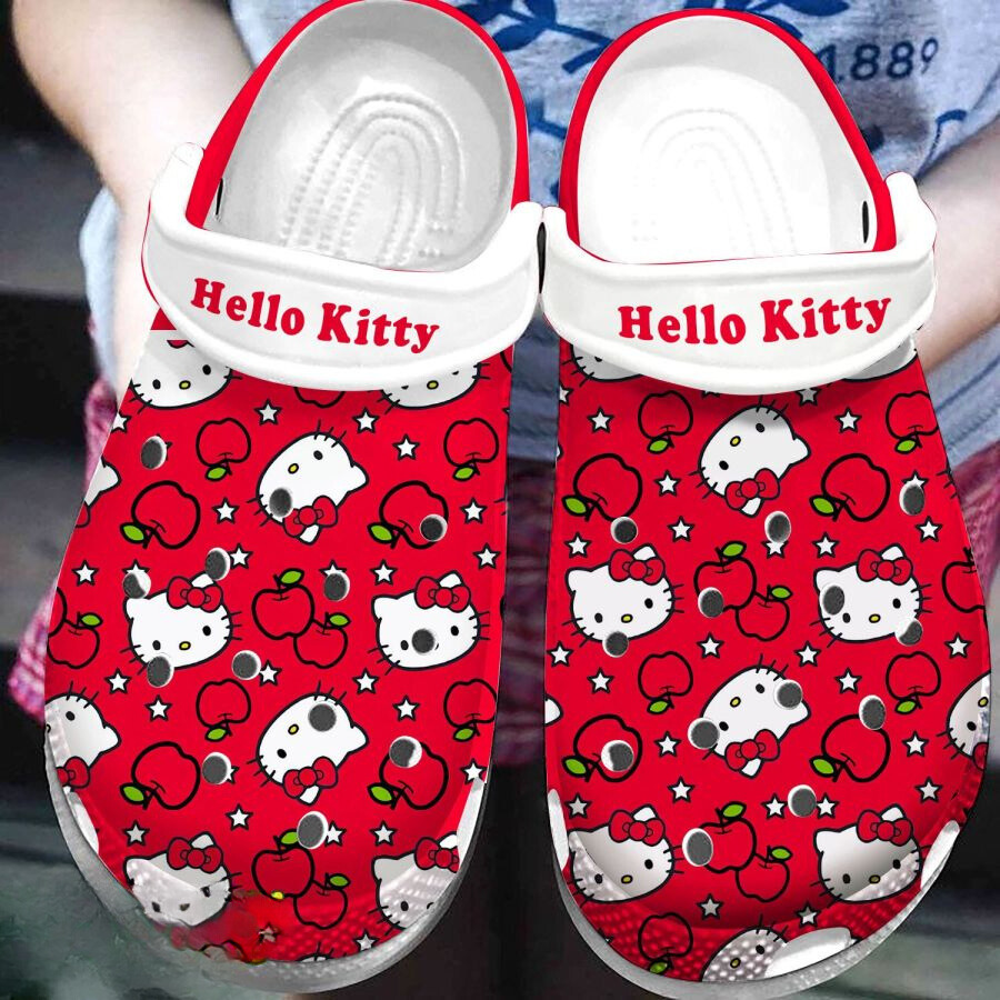 Adorable Kitty And Apple Pattern Red Clogs For Kids And Adults