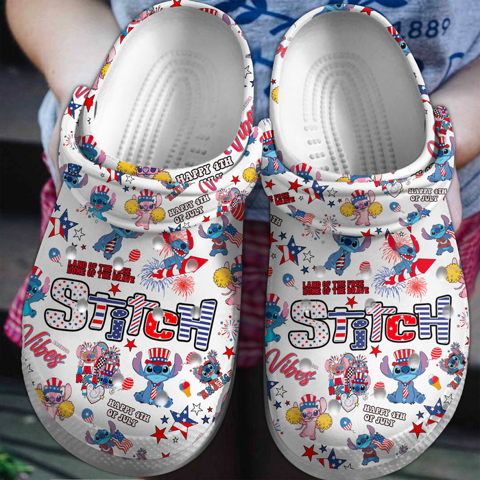 Funny Stitch Happy The Fourth Of July White Clogs, Perfect Footwear For Outdoor Activity 