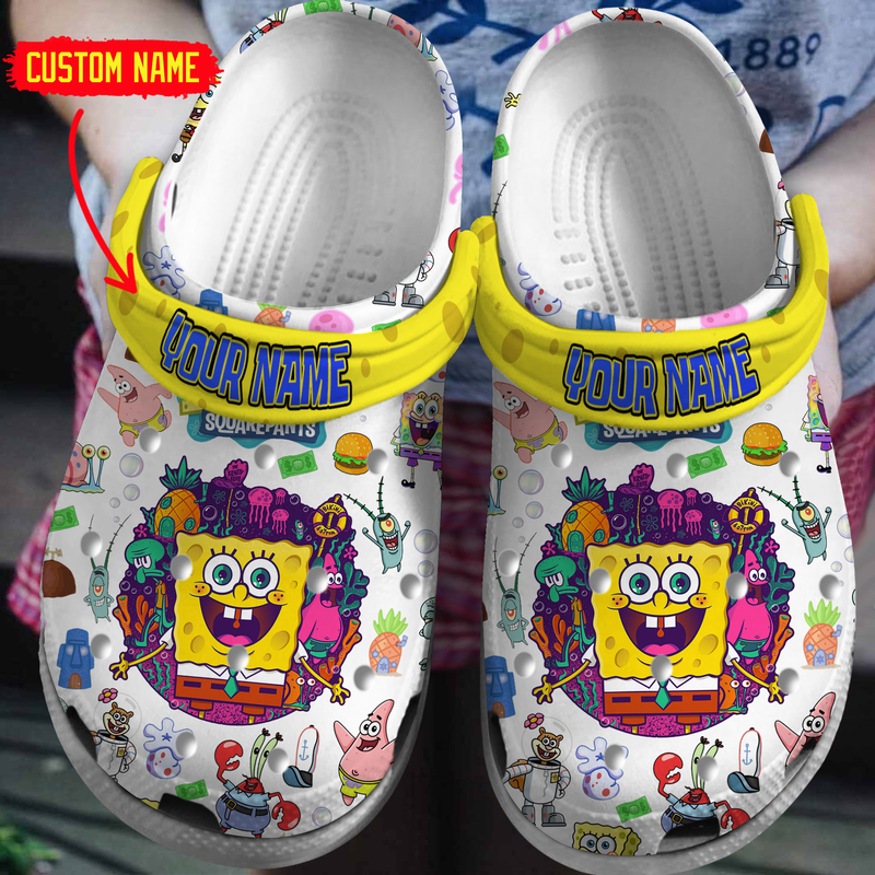 Custom Name Clogs Colorful Spongebob And Funny Friends Cartoon Clogs, Express Shipping Available