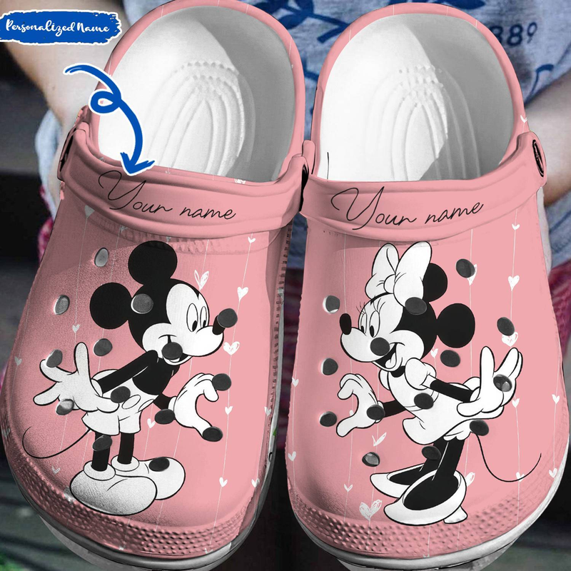 Custom Name Clogs Mickey And Minnie Pink Slippers, Available Sizes For Kids & Adults