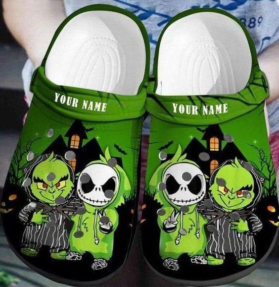 Personalized And Fuzzy Baby Grinch And Jack Skellington Clogs Crocband, The best Halloween Gift idea