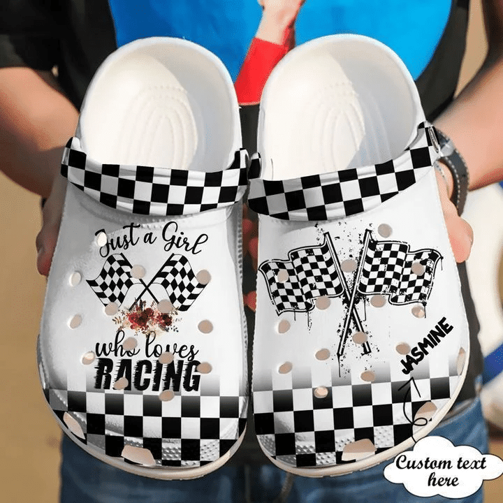 Personalized Just A Girl Who Loves Racing Black And White Clogs