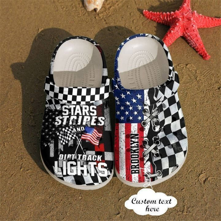 Personalized Stars Stripes And Dirt Track Lights Black Clogs, Buy More Save More