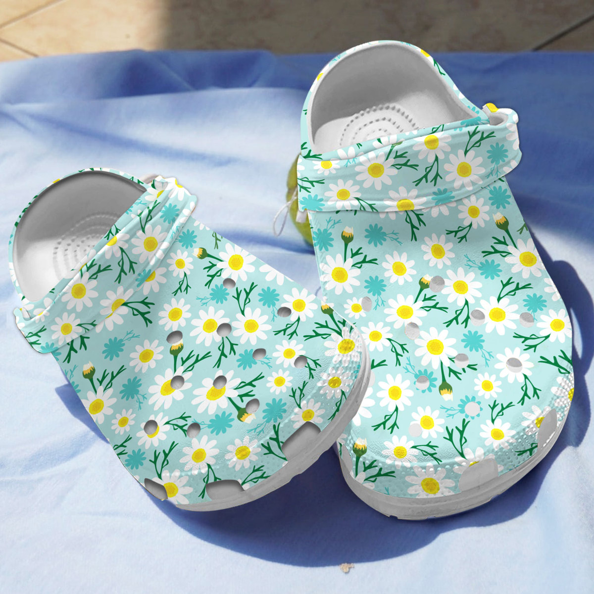 Sweet Design Daisy Flower Pattern Blue Clogs, Available Sizes For Kids & Adults