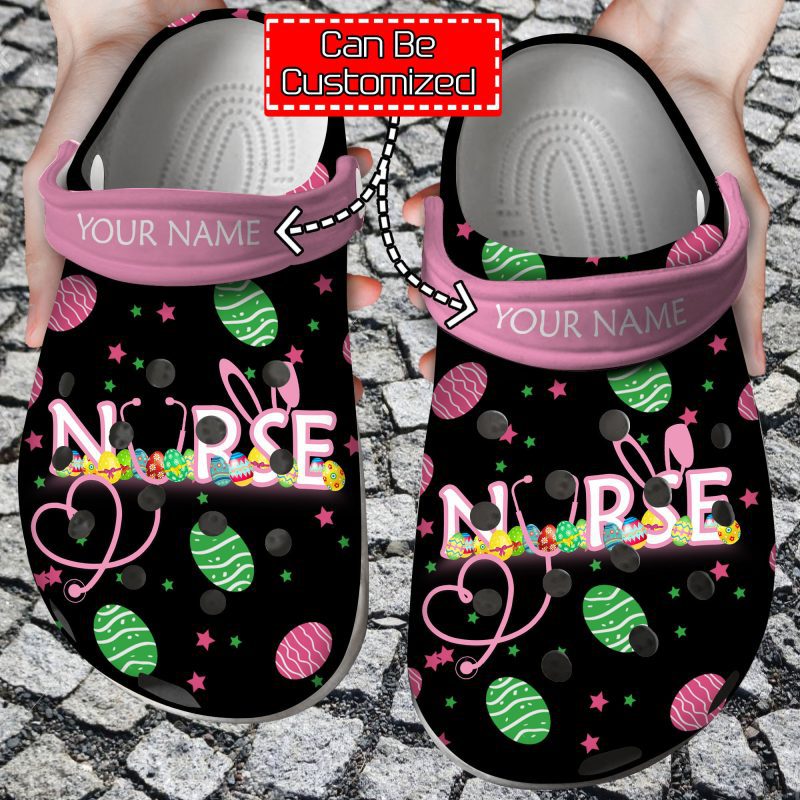 Customized & Comfortable Bunny Easter Nurse Black Clogs, Best Nurses Working Clogs