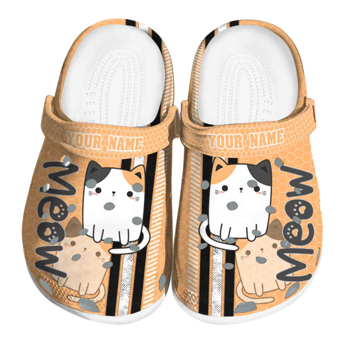 Personalize Calio Kitten Orange Hexagon Pattern Clogs, Perfect Footwear For Men And Women