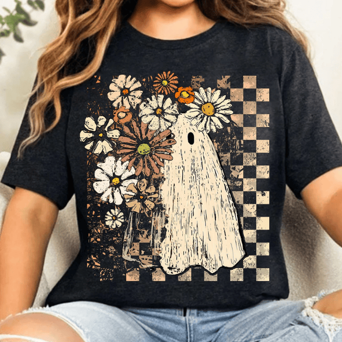Boo Ghost Aesthetic Flowers Halloween T-Shirts