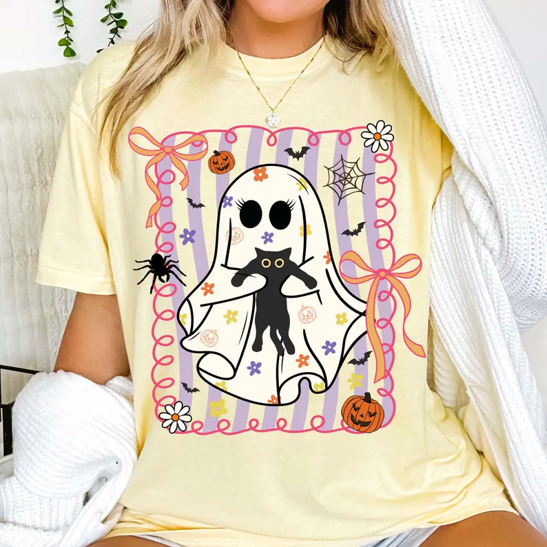 Cute Lovely Little Ghost & Black Cat Halloween T-Shirts