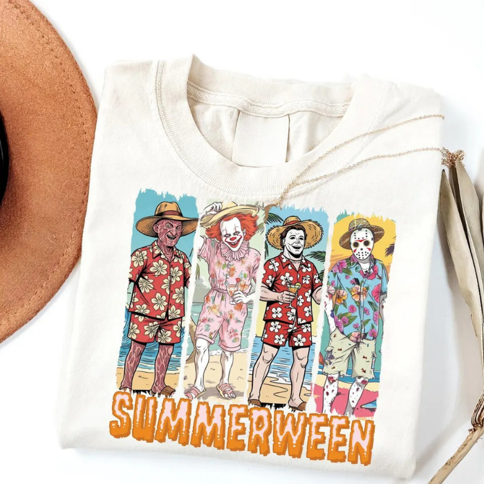 Funny Halloween Summerween Horror Movie Characters Wear Hawaiian Outfit T-Shirts