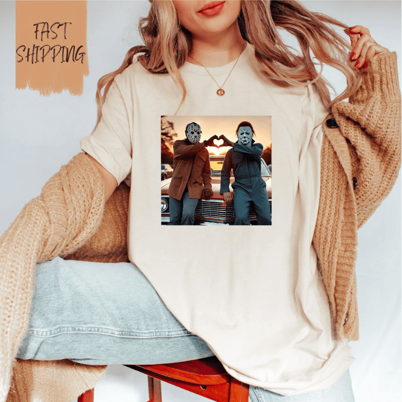 Jason Voorhees & Michael Myers Love Heart Sunset Halloween T-Shirts