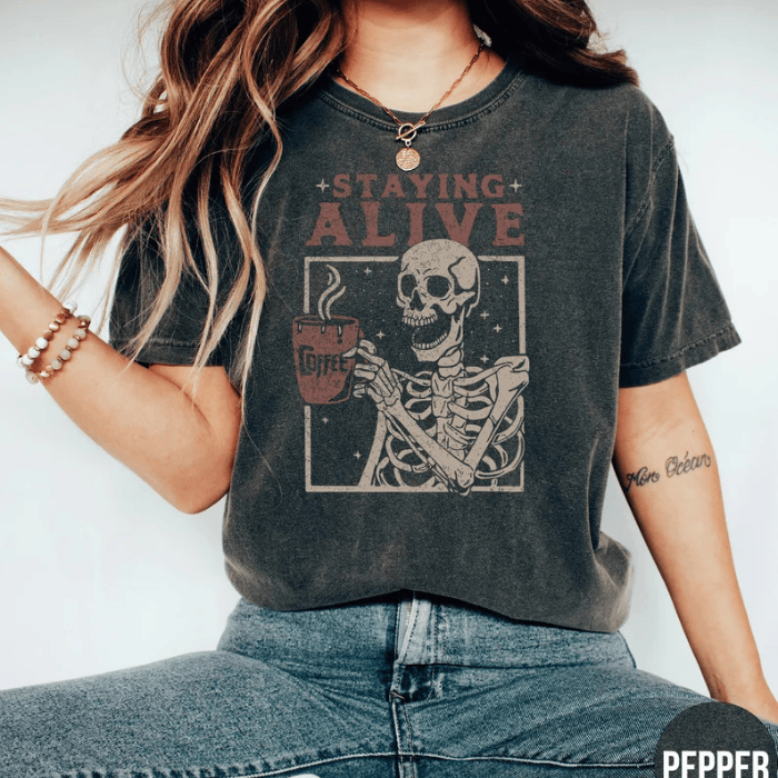 Even Skeleton Needs Coffee Staying Alive Halloween T-Shirts