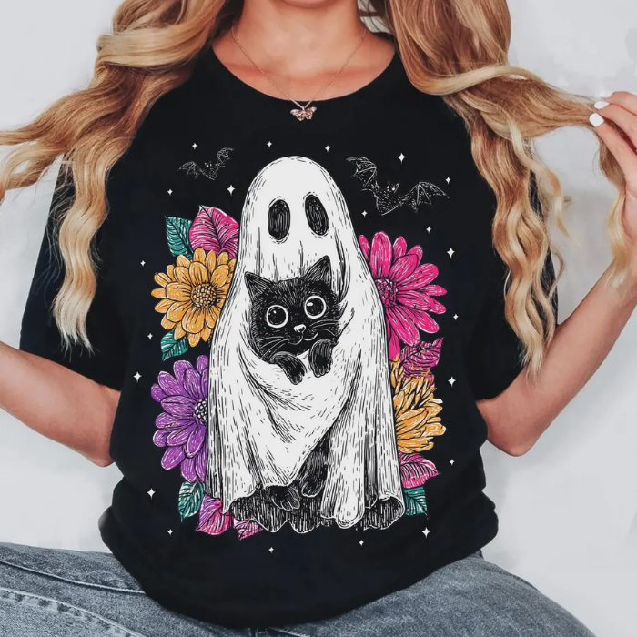 Eye-catching Ghost & Little Black Cat Halloween T-Shirts