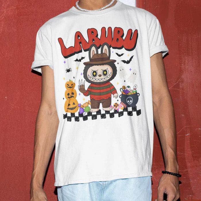 Labubu Freddy Krueger Horror Slasher Halloween T-Shirts, Little Monster Shirt For Kids And Adults